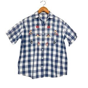 Vintage Maggie & Max Gardening Plaid Button Up Shirt MP Short Sleeves Blue White